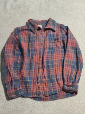 Hanna Andersson Boys Coral and Blue Plaid Button-Down Shirt  Size 8 - 130cm